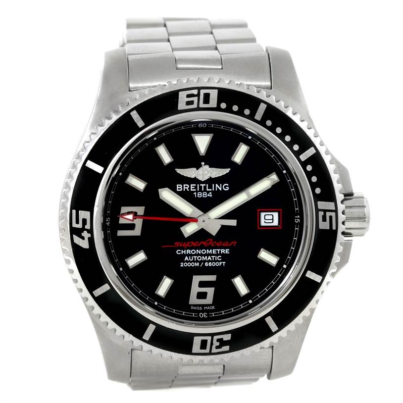 This image shows the Breitling Superocean A17391 Men's Stainless Steel Black Dial A17391 Men's Stainless Steel Black Dial watch from a front angle, showcasing its face, bezel, and part of the bracelet.