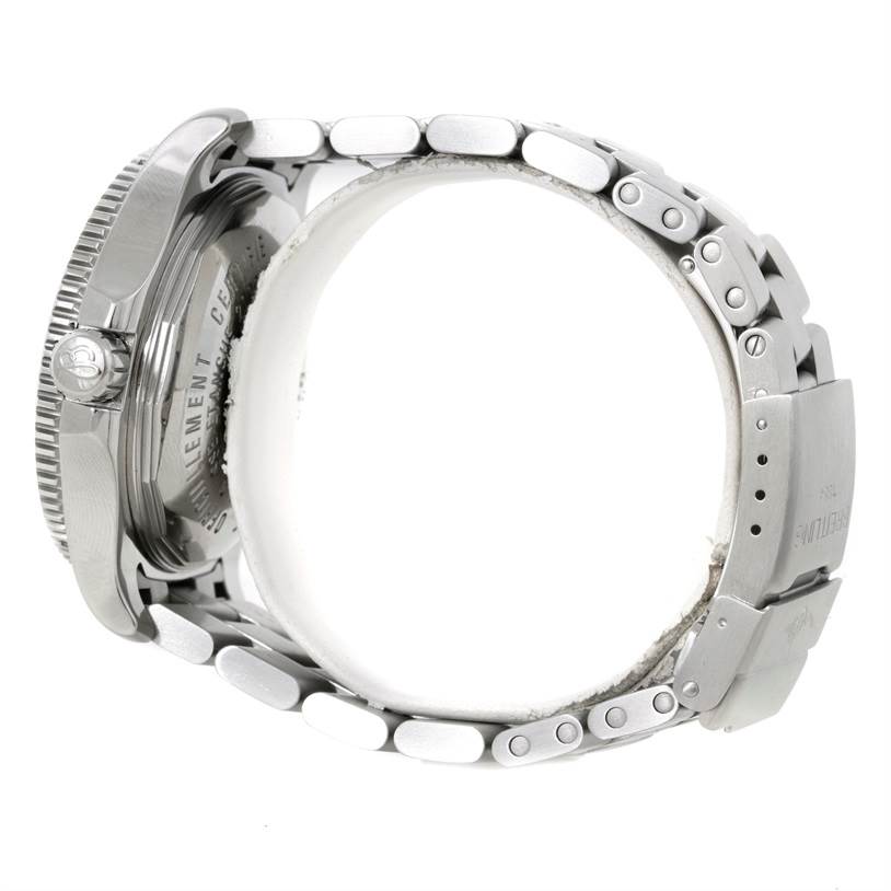 The image shows a side view of a Breitling Superocean A17391 Men's Stainless Steel Black Dial A17391 Men's Stainless Steel Black Dial watch, highlighting the watch case, crown, and metal bracelet.