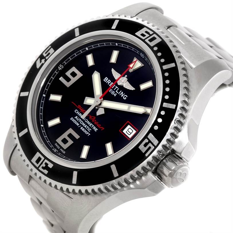 The image shows a close-up, angled view of the Breitling Superocean A17391 Men's Stainless Steel Black Dial A17391 Men's Stainless Steel Black Dial watch, highlighting its bezel, dial, and part of the bracelet.