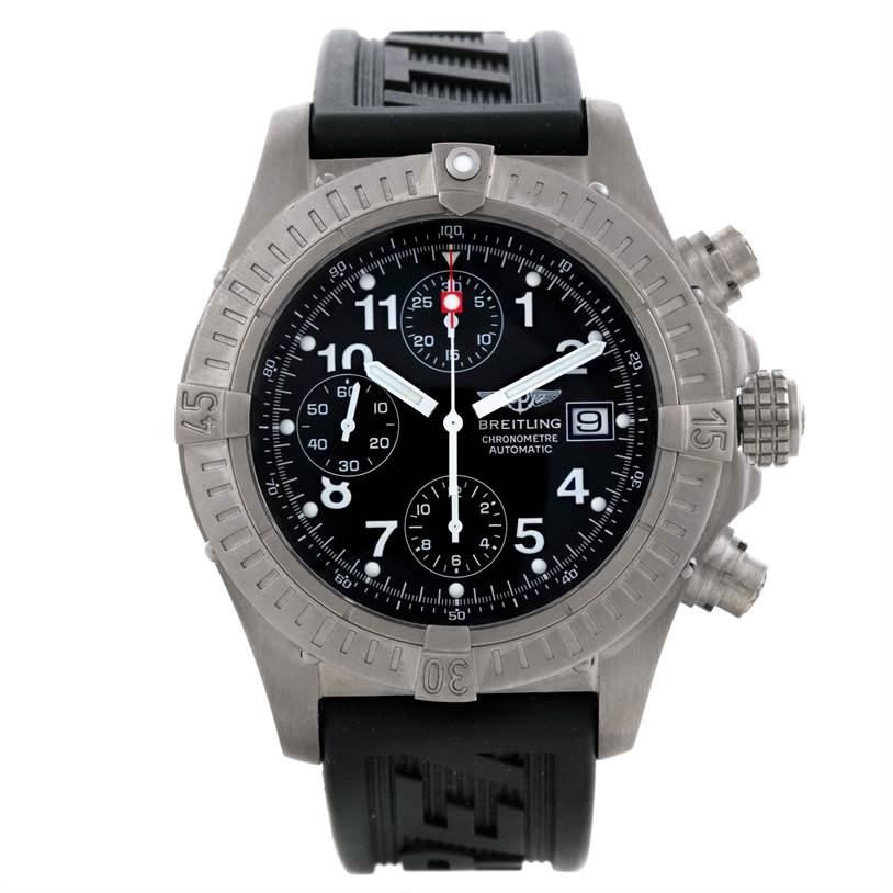 The image shows a front view of a Breitling Avenger E13360 Men's Titanium Black Dial E13360 Men's Titanium Black Dial watch, highlighting its dial, bezel, and chronograph pushers.