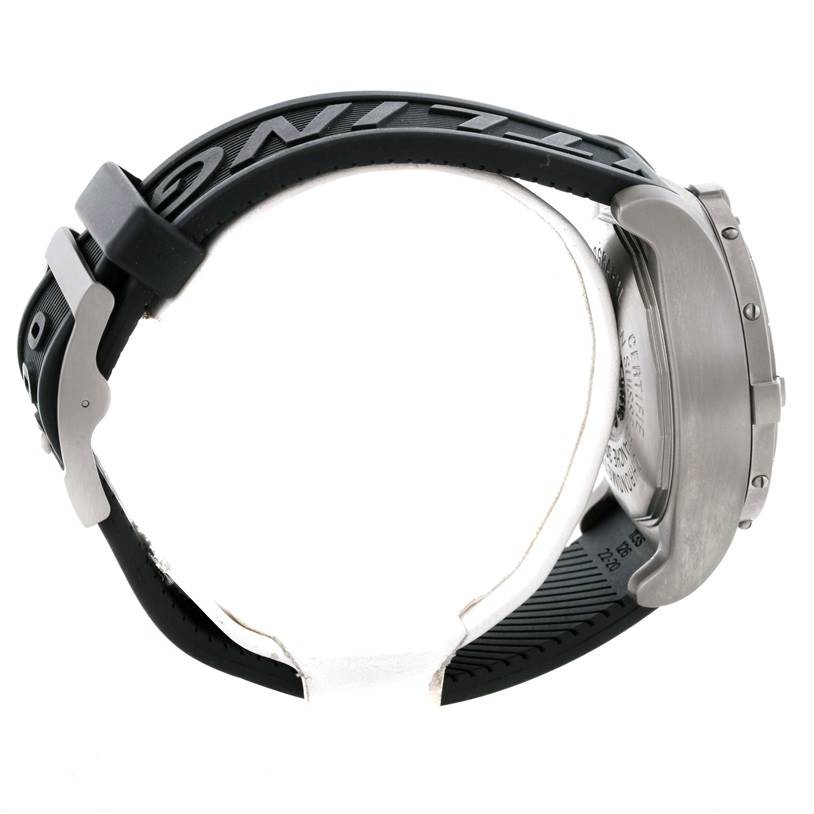 The image shows a side view of a Breitling Avenger E13360 Men's Titanium Black Dial E13360 Men's Titanium Black Dial watch, focusing on the strap, clasp, and case back.