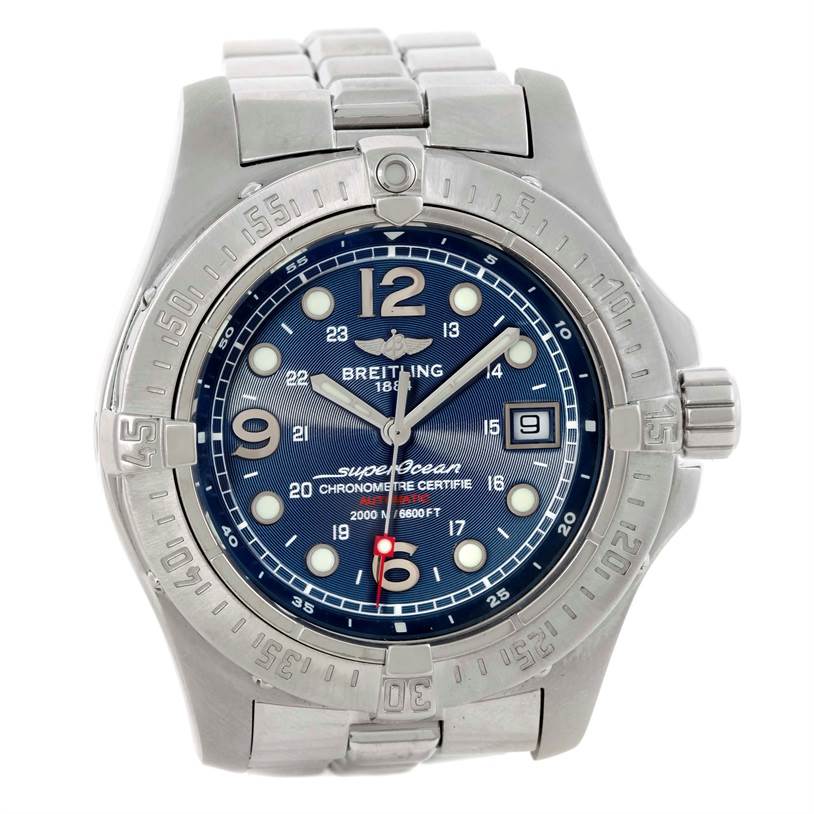 The Breitling Superocean A17390 Men's Stainless Steel Blue Dial A17390 Men's Stainless Steel Blue Dial watch is shown from a front angle, displaying its dial, bezel, and bracelet.