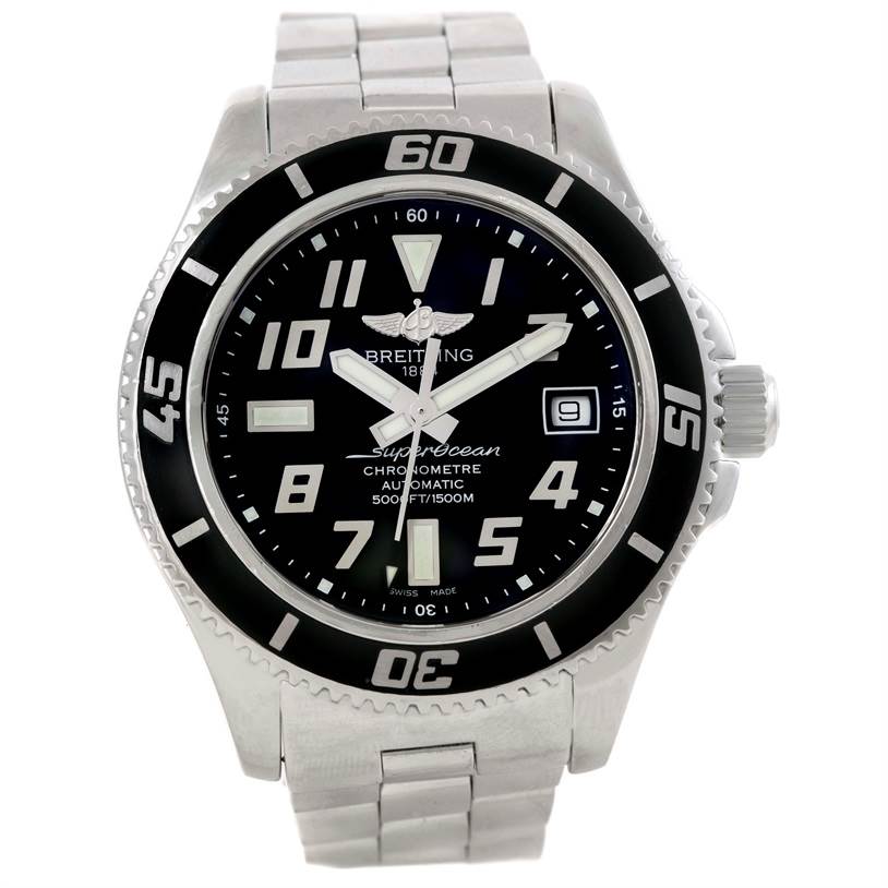 The image shows a front view of a Breitling Superocean A17364 Men's Stainless Steel Black Dial A17364 Men's Stainless Steel Black Dial watch, highlighting its dial, bezel, and bracelet.