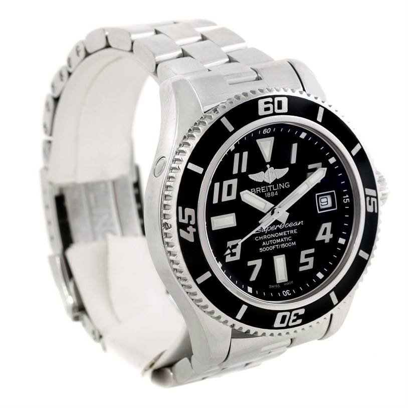 The image shows a Breitling Superocean A17364 Men's Stainless Steel Black Dial A17364 Men's Stainless Steel Black Dial model watch at a three-quarter angle, displaying its dial, bezel, and metal bracelet.