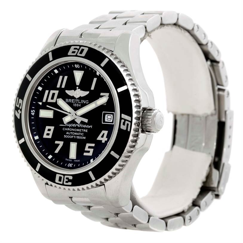 The image showcases the Breitling Superocean A17364 Men's Stainless Steel Black Dial A17364 Men's Stainless Steel Black Dial watch from a front-left angle, highlighting the face, bezel, crown, and bracelet.
