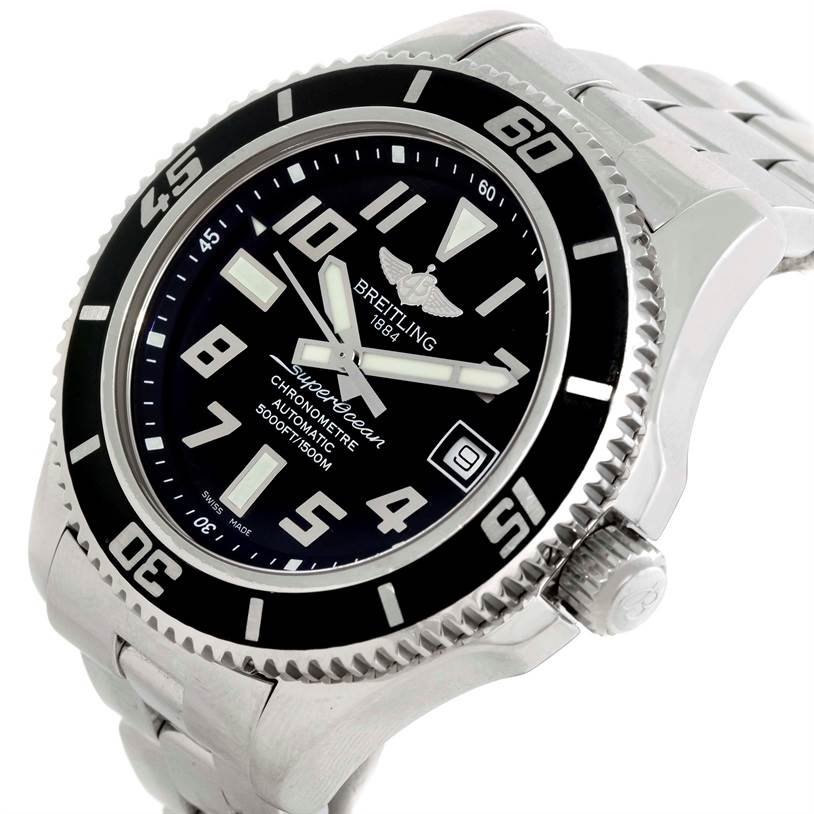 This image shows a close-up angled view of a Breitling Superocean A17364 Men's Stainless Steel Black Dial A17364 Men's Stainless Steel Black Dial watch, highlighting its face, bezel, and part of the metal bracelet.