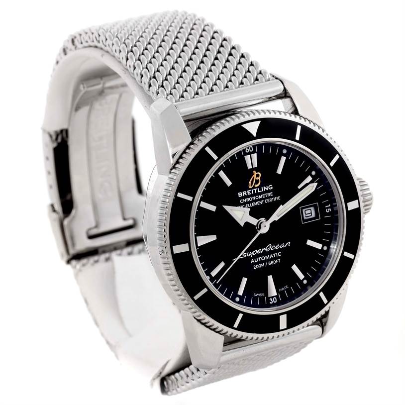 The image shows a frontal angle of the Breitling Superocean A17320 Men's Stainless Steel Black Dial A17320 Men's Stainless Steel Black Dial watch, highlighting the dial, bezel, and mesh bracelet.