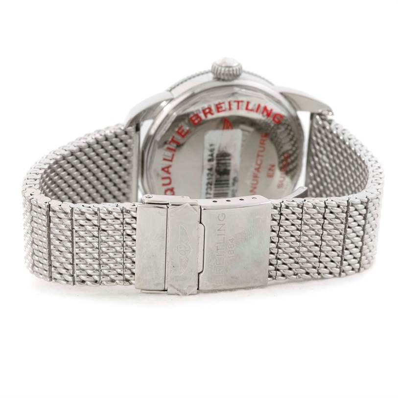 The image shows the back view of a Breitling Superocean A17320 Men's Stainless Steel Black Dial A17320 Men's Stainless Steel Black Dial watch, highlighting the stainless steel mesh bracelet and clasp.