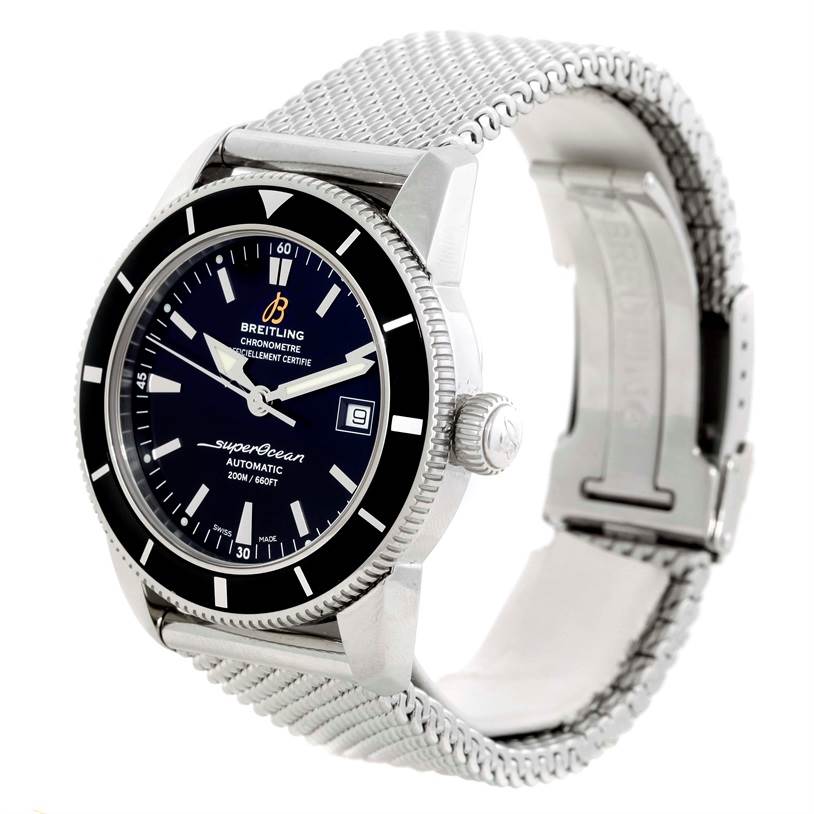 The image shows a side angle of the Breitling Superocean A17320 Men's Stainless Steel Black Dial A17320 Men's Stainless Steel Black Dial watch, highlighting its face, bezel, crown, and metal bracelet.