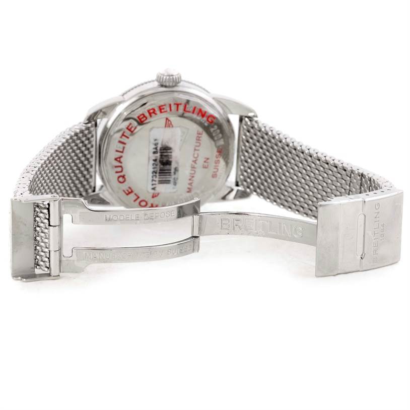 The image shows the back view of the Breitling Superocean A17320 Men's Stainless Steel Black Dial A17320 Men's Stainless Steel Black Dial watch, focusing on its case back and mesh bracelet with an open clasp.