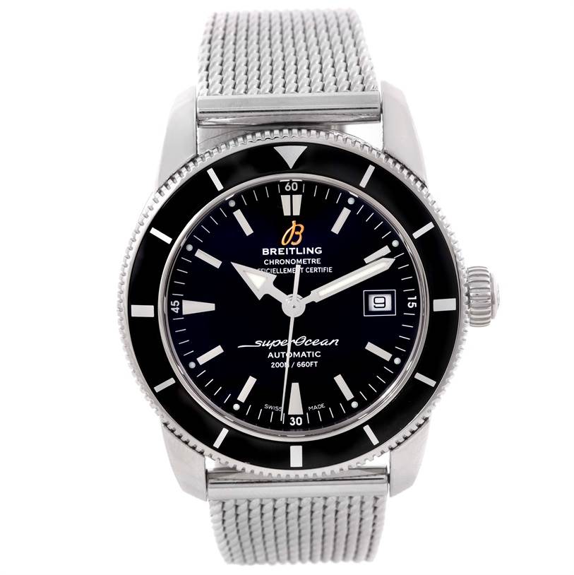 The Breitling Superocean A17320 Men's Stainless Steel Black Dial A17320 Men's Stainless Steel Black Dial watch is shown from a front angle, displaying the dial, bezel, crown, and mesh strap.