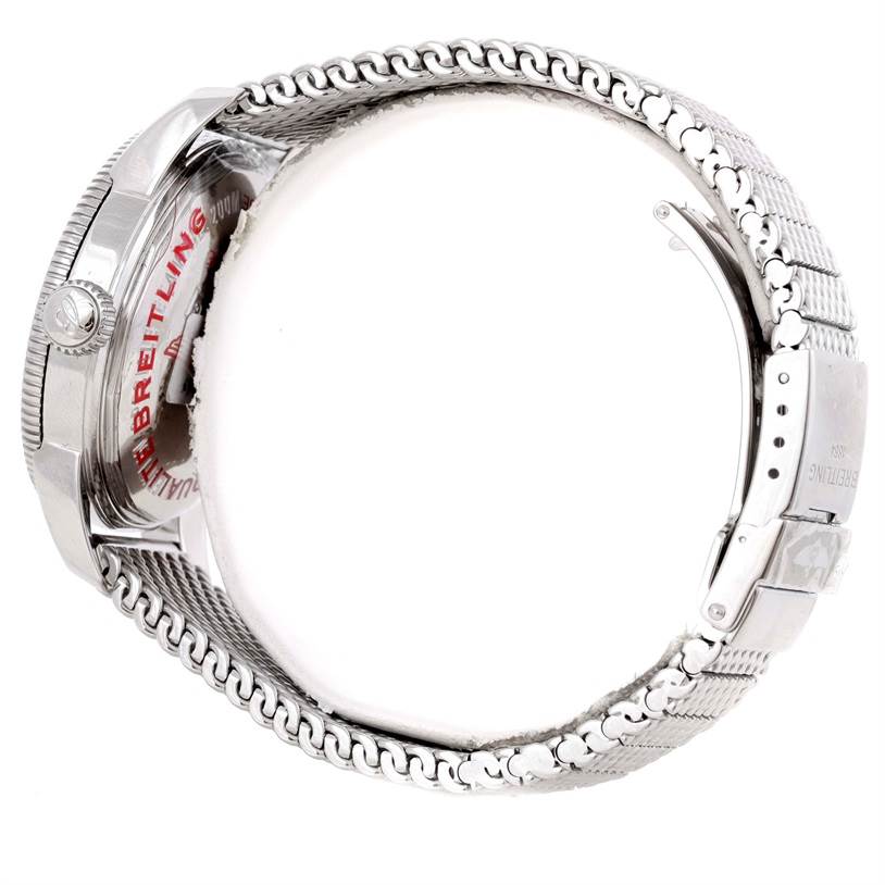 The image shows a side view of a Breitling Superocean A17320 Men's Stainless Steel Black Dial A17320 Men's Stainless Steel Black Dial watch, focusing on the case, crown, and metal bracelet.