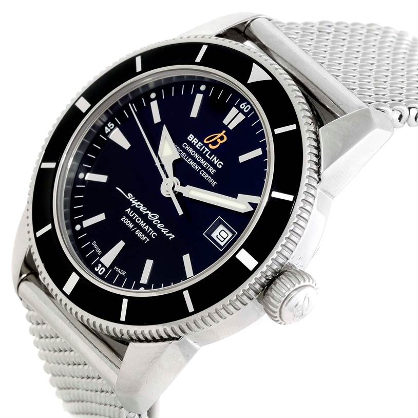 The image shows a side angle of the Breitling Superocean A17320 Men's Stainless Steel Black Dial A17320 Men's Stainless Steel Black Dial watch, highlighting the dial, bezel, crown, and mesh bracelet.