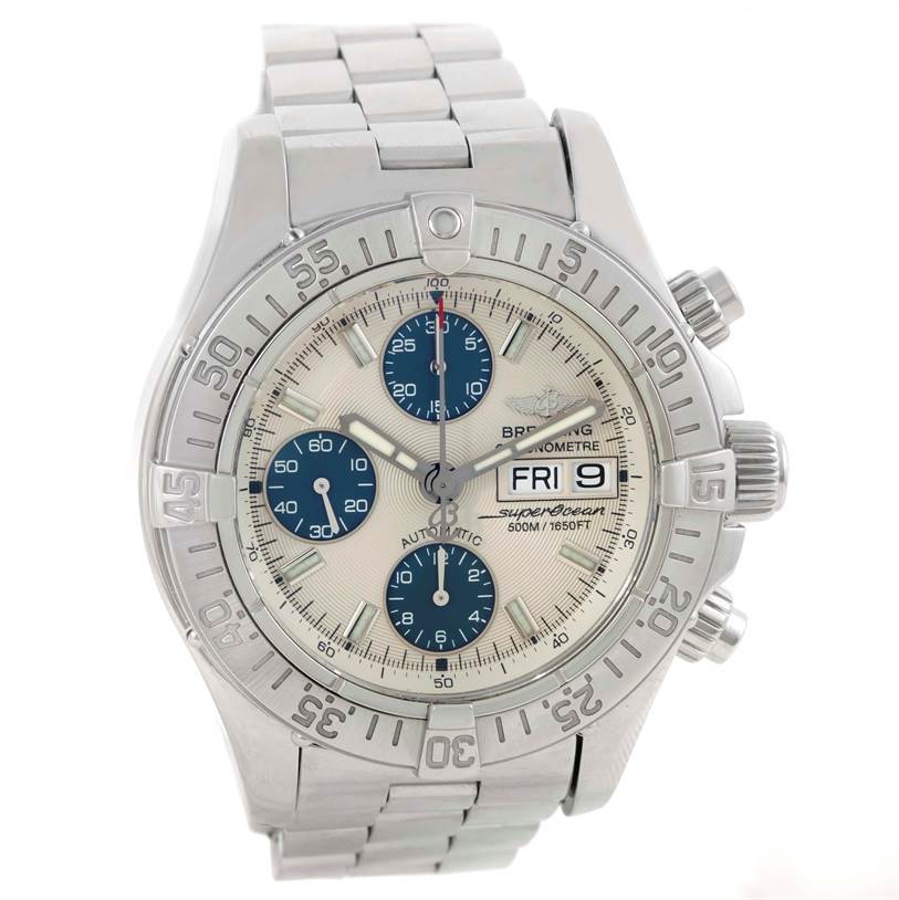 This image shows a front view of a Breitling Superocean A13340 Men's Stainless Steel Beige Dial A13340 Men's Stainless Steel Beige Dial watch, highlighting its dial, bezel, chronographs, and bracelet.