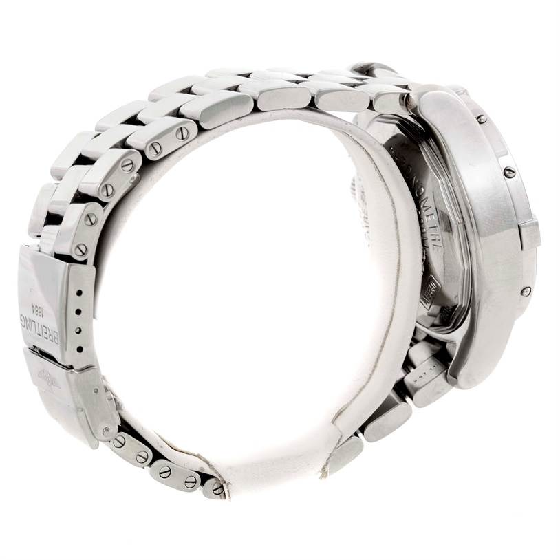 The image shows a Breitling Superocean A13340 Men's Stainless Steel Beige Dial A13340 Men's Stainless Steel Beige Dial watch from a side angle, highlighting the bracelet, clasp, and part of the case back.