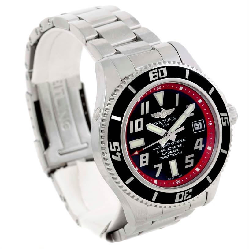 The image shows a Breitling Superocean A17364 Men's Stainless Steel Black Dial A17364 Men's Stainless Steel Black Dial watch at an angle, highlighting the bracelet, bezel, and face.