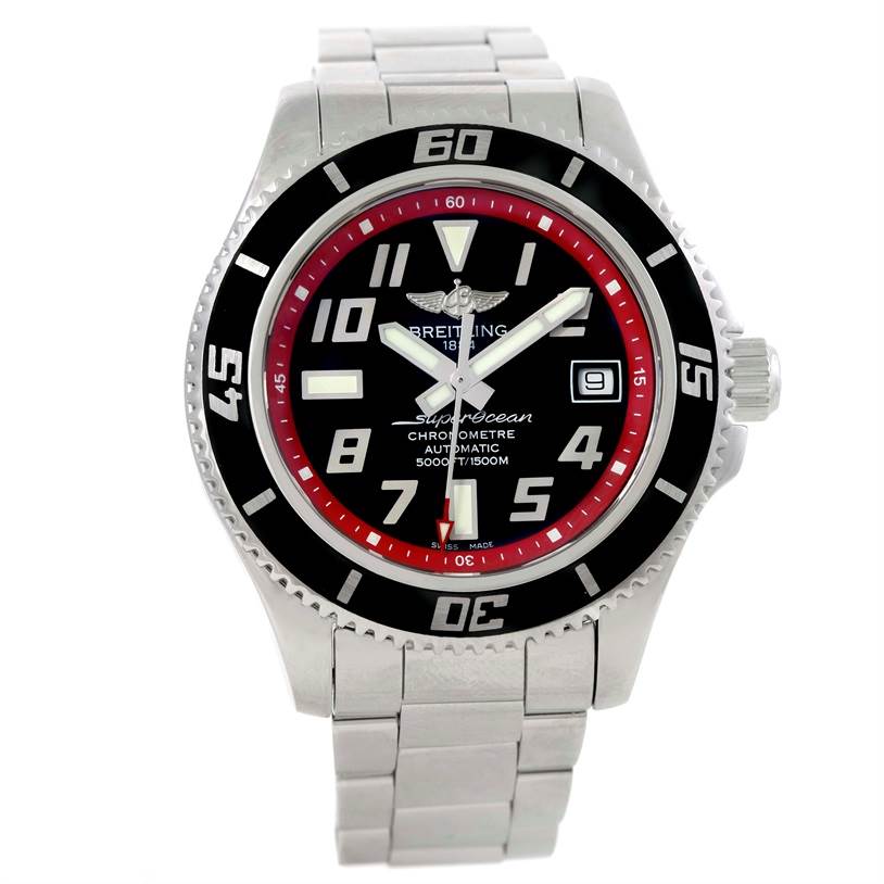 The image shows a Breitling Superocean A17364 Men's Stainless Steel Black Dial A17364 Men's Stainless Steel Black Dial watch front view with a stainless steel band, black dial, red inner ring, and date window at 3 o'clock.