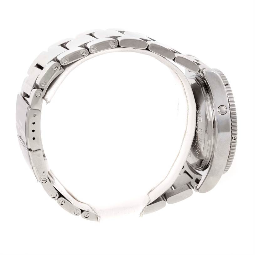 The image shows a side view of the Breitling Superocean A17364 Men's Stainless Steel Black Dial A17364 Men's Stainless Steel Black Dial watch, highlighting the metal bracelet and the watch's case back.