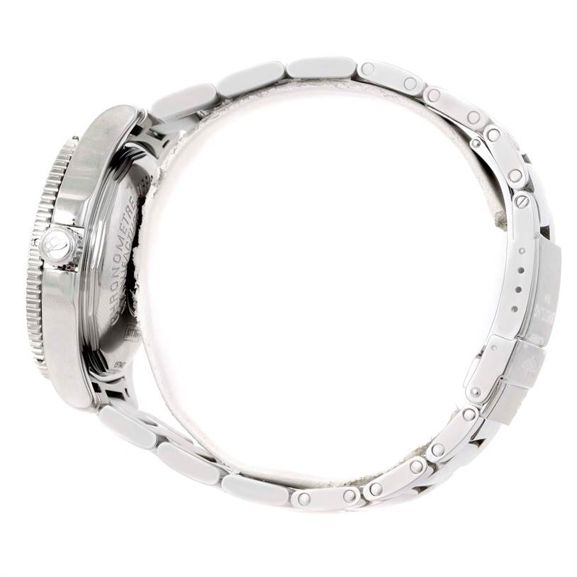 The image shows a side view of the Breitling Superocean A17364 Men's Stainless Steel Black Dial A17364 Men's Stainless Steel Black Dial watch, highlighting the case, crown, and metal bracelet.