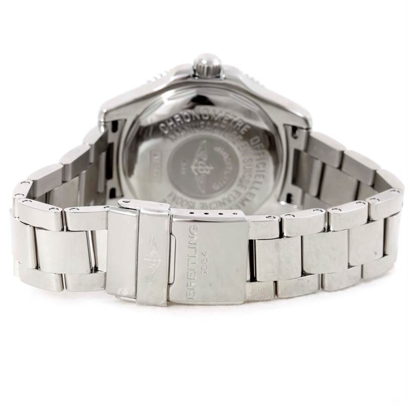 The image shows the back view of the Breitling Superocean A17364 Men's Stainless Steel Black Dial A17364 Men's Stainless Steel Black Dial watch and its metal bracelet.