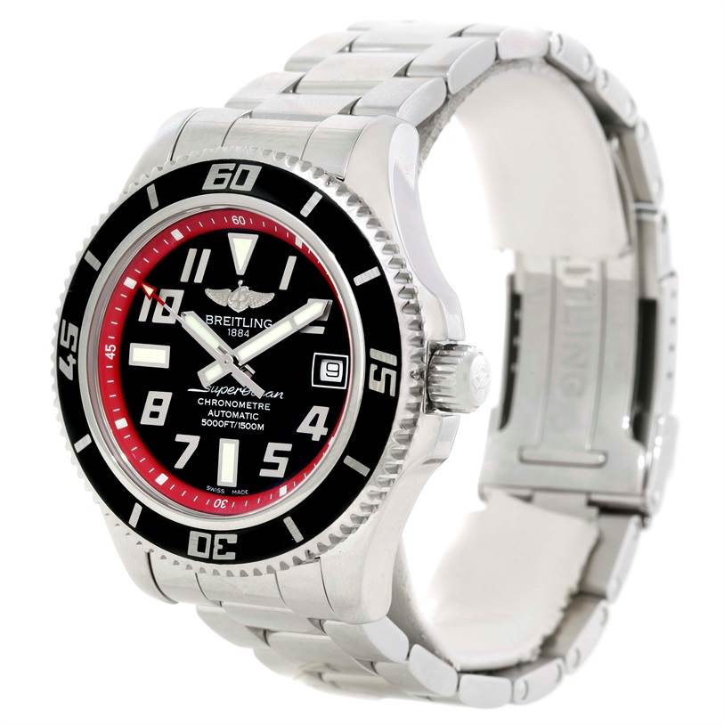 The image shows a Breitling Superocean A17364 Men's Stainless Steel Black Dial A17364 Men's Stainless Steel Black Dial watch at a three-quarter angle, highlighting the face, bezel, and bracelet.