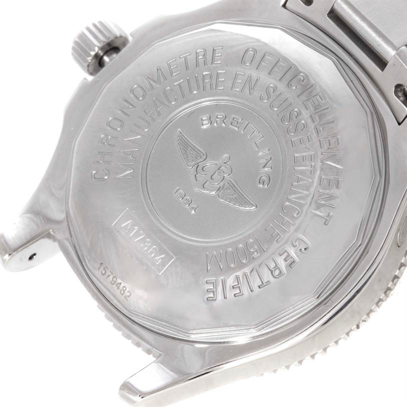 The image shows the back case of a Breitling Superocean A17364 Men's Stainless Steel Black Dial A17364 Men's Stainless Steel Black Dial watch, highlighting its engravings and detailing.