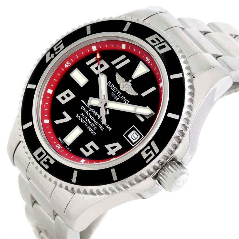 The Breitling Superocean A17364 Men's Stainless Steel Black Dial A17364 Men's Stainless Steel Black Dial watch is shown at a three-quarter angle, highlighting the face, bezel, bracelet, and crown.