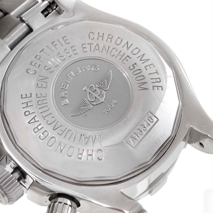 This image shows the case back of a Breitling Superocean A13340 Men's Stainless Steel Blue Dial A13340 Men's Stainless Steel Blue Dial watch, including the bracelet and crown.