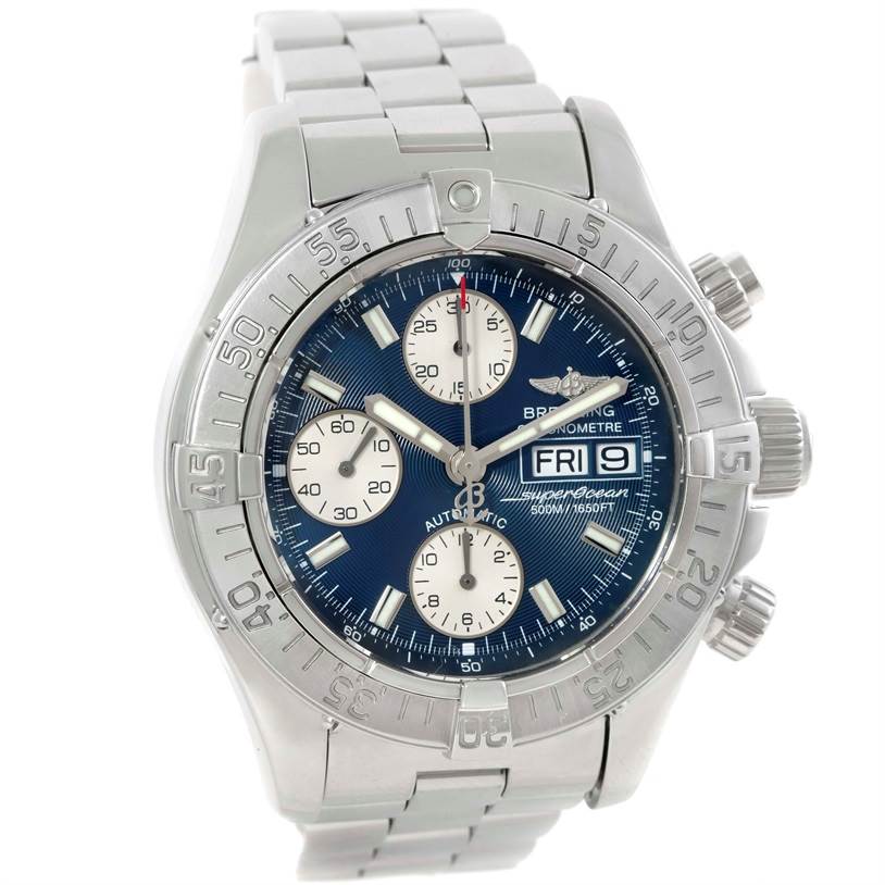The image shows a frontal view of the Breitling Superocean A13340 Men's Stainless Steel Blue Dial A13340 Men's Stainless Steel Blue Dial model, highlighting its dial, bezel, and chronograph sub-dials.