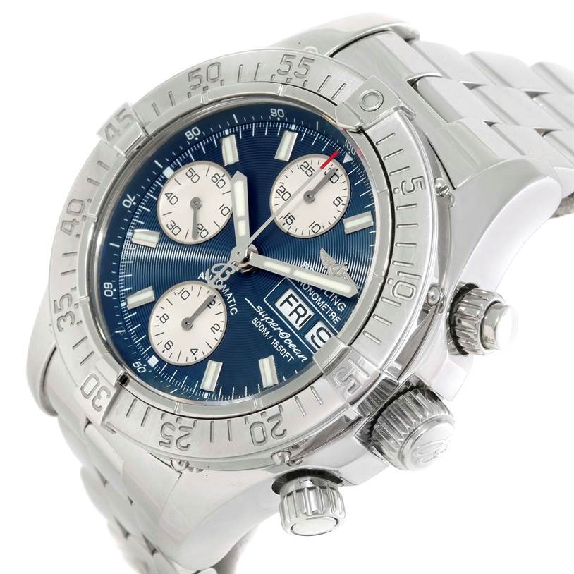 The image shows a close-up angle of the Breitling Superocean A13340 Men's Stainless Steel Blue Dial A13340 Men's Stainless Steel Blue Dial watch, highlighting the face, bezel, crown, and pushers.