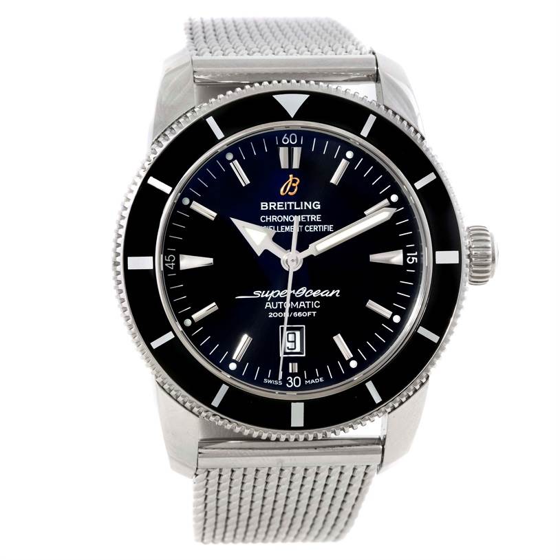 This Breitling Superocean A17320 Men's Stainless Steel Black Dial A17320 Men's Stainless Steel Black Dial watch is shown from a front angle, highlighting the dial, bezel, crown, and mesh bracelet.