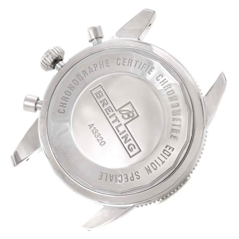 The image shows the back case and lugs of the Breitling Superocean A13320 Men's Stainless Steel Black Dial A13320 Men's Stainless Steel Black Dial watch, highlighting the engraved brand and model information.