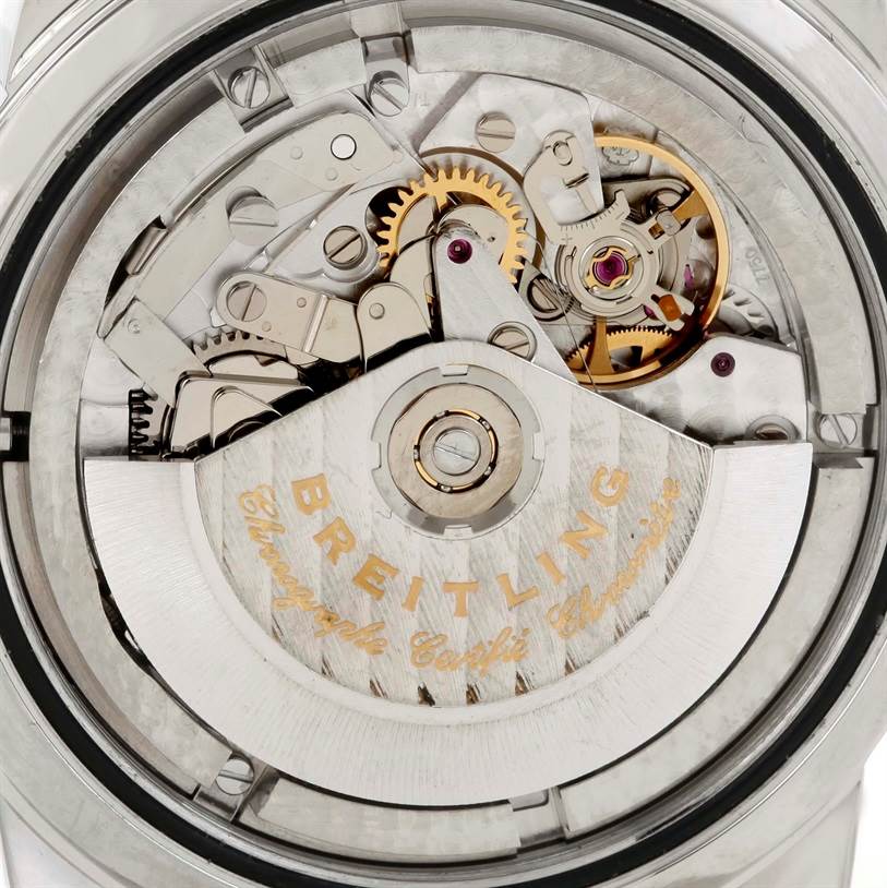 This image shows the intricate movement mechanisms from the back side of a Breitling Superocean A13320 Men's Stainless Steel Black Dial A13320 Men's Stainless Steel Black Dial watch.
