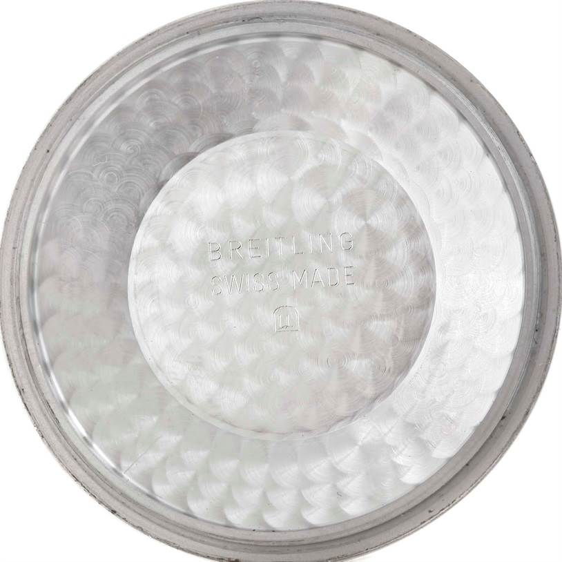 The image shows the inside case back of a Breitling Superocean A13320 Men's Stainless Steel Black Dial A13320 Men's Stainless Steel Black Dial watch, labeled "BREITLING SWISS MADE."