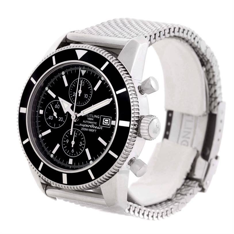 The image shows a Breitling Superocean A13320 Men's Stainless Steel Black Dial A13320 Men's Stainless Steel Black Dial watch angled from the front-left, highlighting the dial, bezel, crown, pushers, and bracelet.