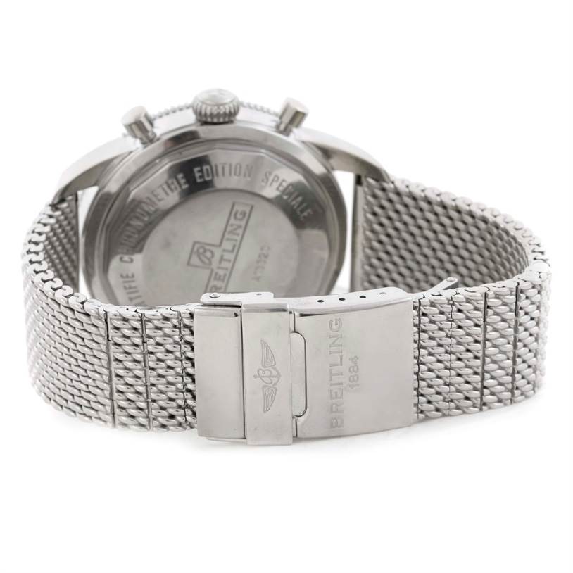 The image shows the back and clasp of a Breitling Superocean A13320 Men's Stainless Steel Black Dial A13320 Men's Stainless Steel Black Dial watch, highlighting its stainless steel mesh strap and engraved case back.