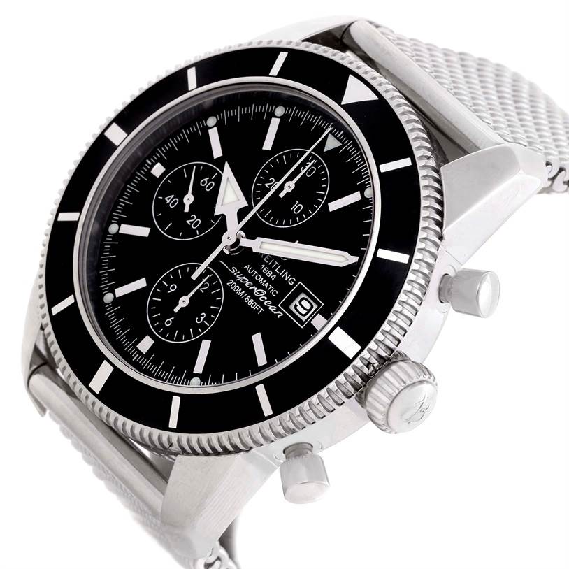 The image shows a Breitling Superocean A13320 Men's Stainless Steel Black Dial A13320 Men's Stainless Steel Black Dial watch at a slight angle, highlighting its black dial, bezel, crown, chronograph buttons, and mesh strap.