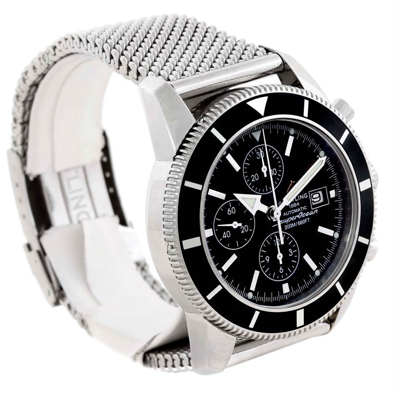 The image shows a side angle of the Breitling Superocean A13320 Men's Stainless Steel Black Dial A13320 Men's Stainless Steel Black Dial watch, highlighting its mesh bracelet, bezel, and dial.