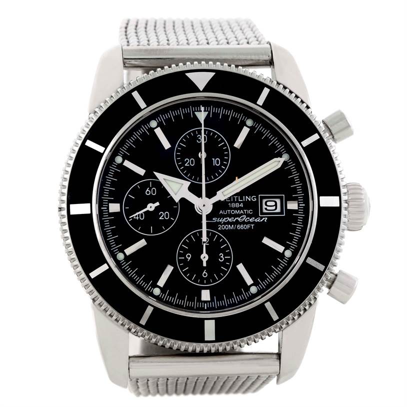 The image shows a front-facing view of the Breitling Superocean A13320 Men's Stainless Steel Black Dial A13320 Men's Stainless Steel Black Dial watch, displaying the dial, bezel, crown, and part of the mesh strap.
