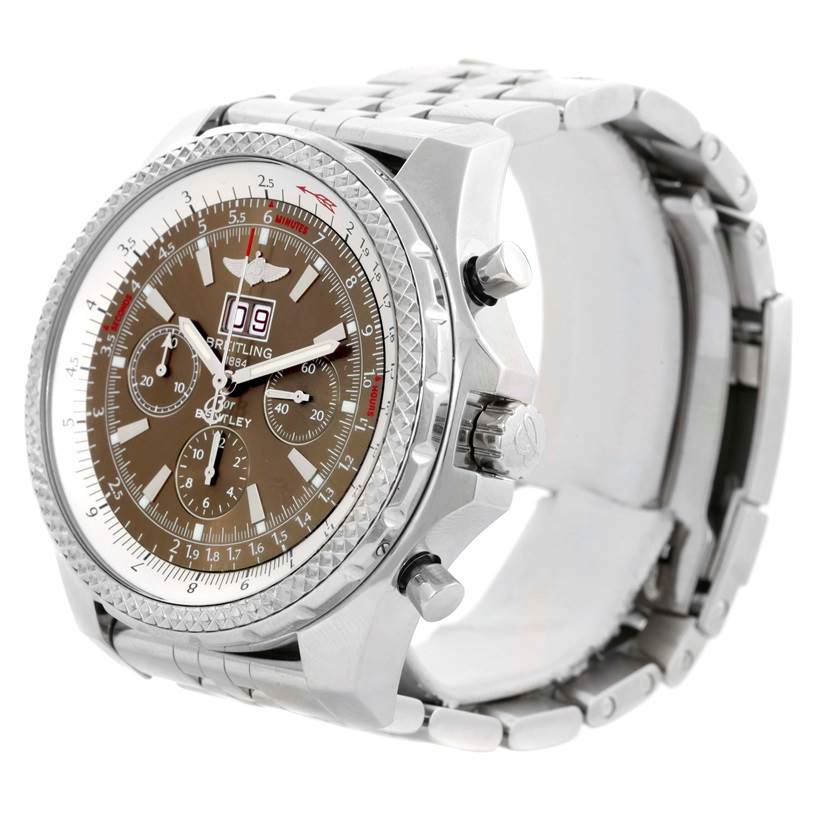 The image shows a Breitling Bentley A44362 Men's Stainless Steel Brown Dial A44362 Men's Stainless Steel Brown Dial watch at an angled side view, highlighting the dial, bezel, crown, and part of the metal band.