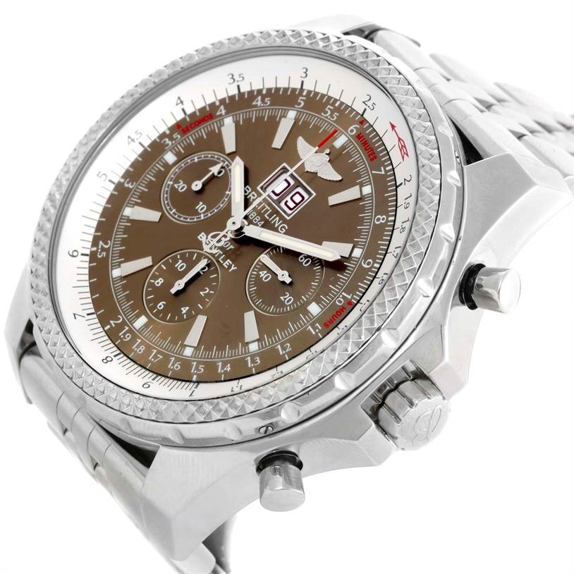 The image shows a close-up angled view of the Breitling Bentley A44362 Men's Stainless Steel Brown Dial A44362 Men's Stainless Steel Brown Dial watch, highlighting the dial, bezel, and pushers.