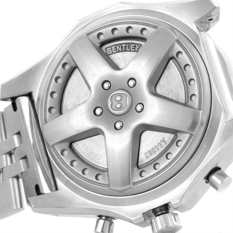 This image shows the case back of the Breitling Bentley A44362 Men's Stainless Steel Brown Dial A44362 Men's Stainless Steel Brown Dial watch from an angled view.