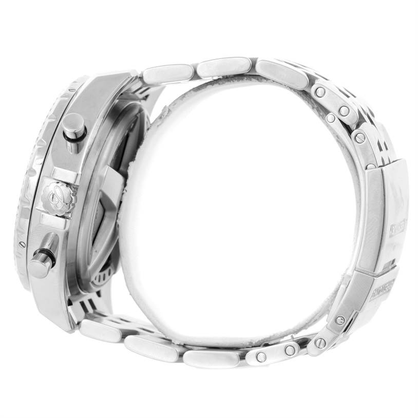 This is a side view of a Bentley model by Breitling, showing the case, crown, pushers, and metal bracelet.