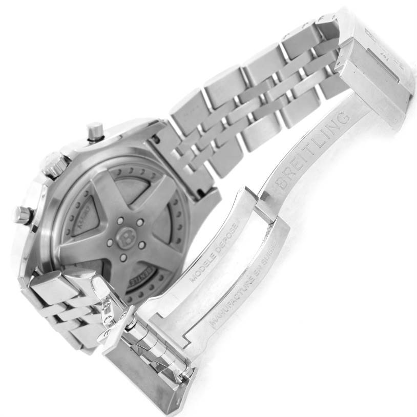 This image shows the back and partially opened clasp of the Breitling Bentley A44362 Men's Stainless Steel Brown Dial A44362 Men's Stainless Steel Brown Dial watch, highlighting the intricate metal bracelet and case back.