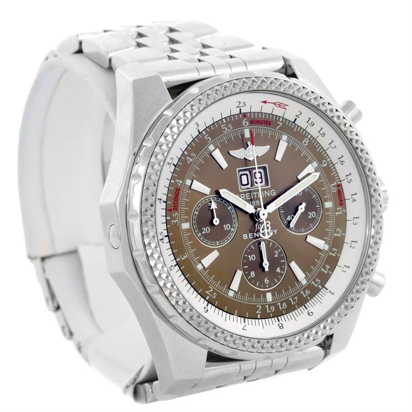 This image shows a Breitling Bentley A44362 Men's Stainless Steel Brown Dial A44362 Men's Stainless Steel Brown Dial watch at a three-quarter angle, highlighting its face, bezel, and part of the bracelet.