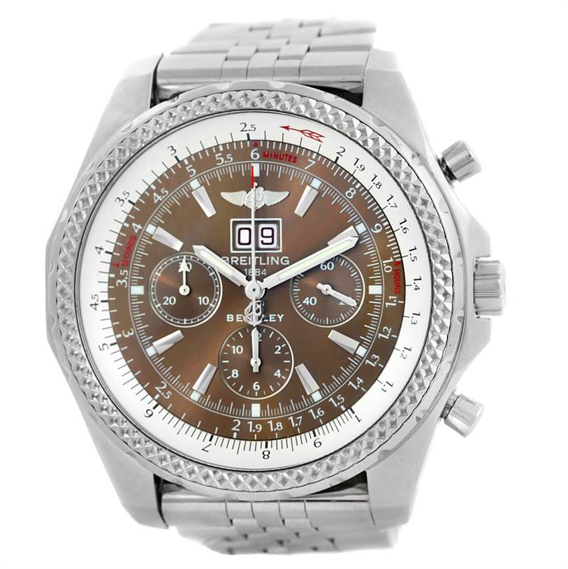 The image shows a front view of a Breitling Bentley A44362 Men's Stainless Steel Brown Dial A44362 Men's Stainless Steel Brown Dial watch, highlighting its dial, bezel, and stainless steel bracelet.
