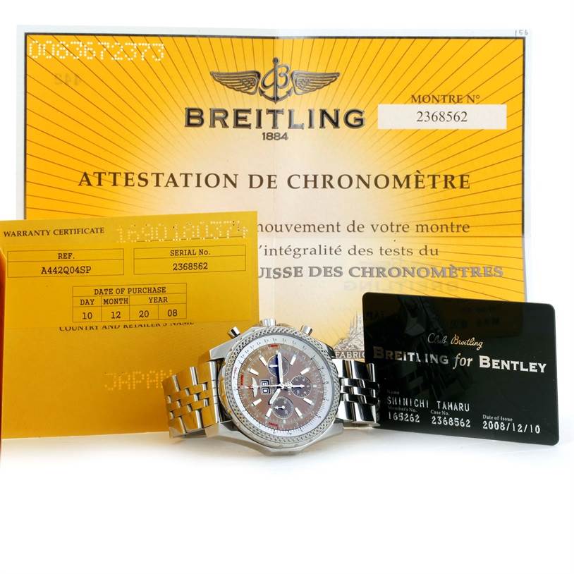 The image displays a Breitling Bentley A44362 Men's Stainless Steel Brown Dial A44362 Men's Stainless Steel Brown Dial watch at a slight angle along with warranty documents and certification cards.