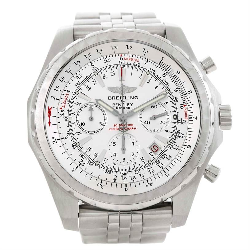 This image shows a front view of the Breitling Bentley A25363 Men's Stainless Steel White Dial A25363 Men's Stainless Steel White Dial watch, including its bezel, dial, chronograph sub-dials, and bracelet.