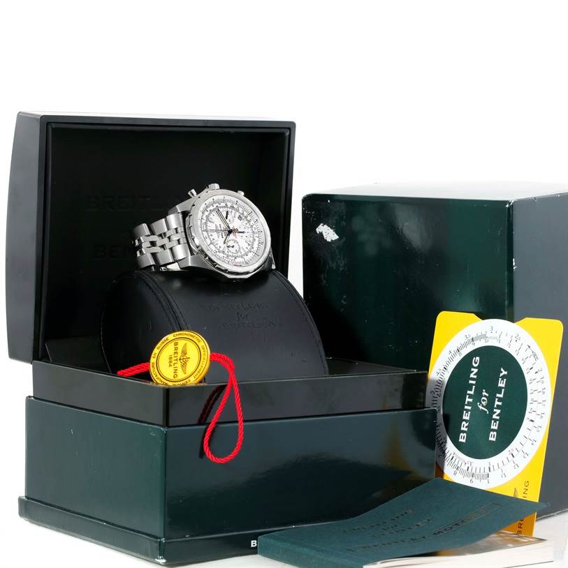 The Breitling Bentley A25363 Men's Stainless Steel White Dial A25363 Men's Stainless Steel White Dial watch is shown at a front angle, with its box, certificate, and accompanying accessories.