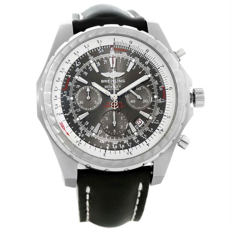 This image shows a front view of a Breitling Bentley A25363 Men's Stainless Steel Grey Dial A25363 Men's Stainless Steel Grey Dial model watch, highlighting its dial, bezel, and leather strap.